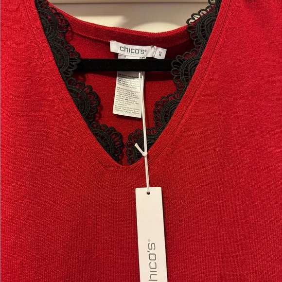 NWT Chico's Red V-Neck Sweater with Black Lace Trim - Picture 8 of 12